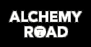 Alchemy Road logo with white text and a beaker icon on black background